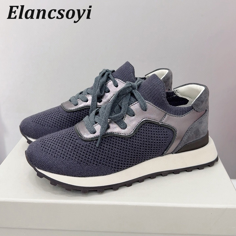 Knit Fabric Lace Up Sneakers - Flache Schuhe Frauen String Bead Stricken