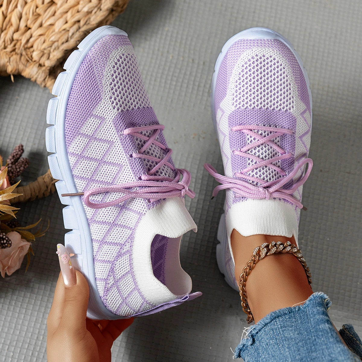 Knit Fabric Lace Up Sneakers - Damen-Stricksocken-Sneaker, Rautenmuster, atmungsaktiv, leicht, bequem, flache