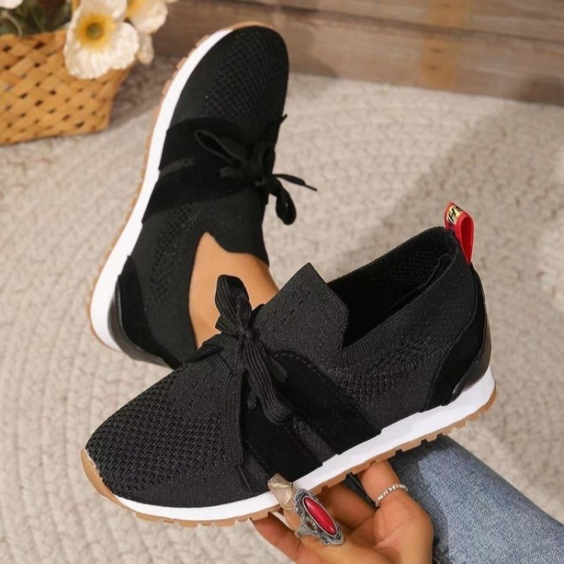 Knit Fabric Lace Up Sneakers - Neue Schwarz Stricken Atmungsaktive Damen Turnschuhe