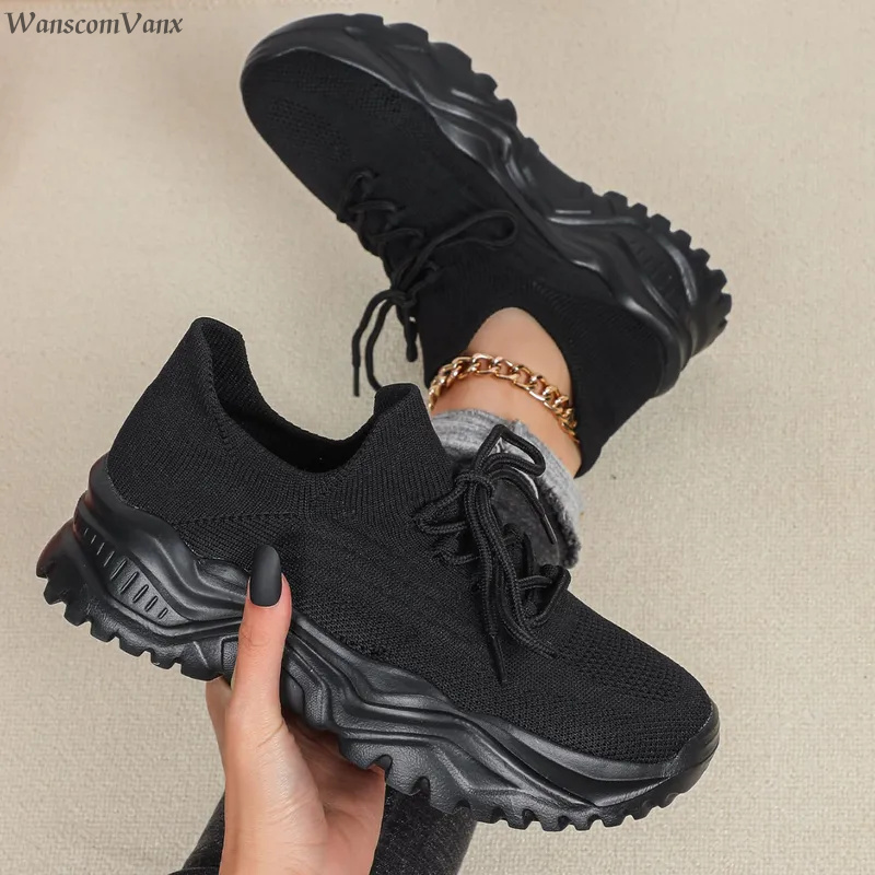 Knit Fabric Lace Up Sneakers - Modische Chunky-Plateau-Sneaker für Damen und Herren,