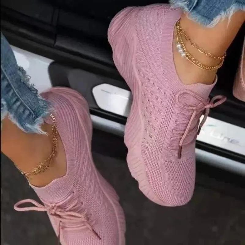 Lässige Strick-Sneaker für Dam – Knit Fabric Lace Up Sneakers Bewertung und Preis