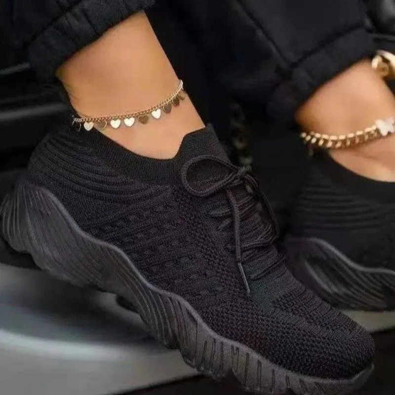 Lässige Strick-Sneaker für Dam – Knit Fabric Lace Up Sneakers Bewertung und Preis