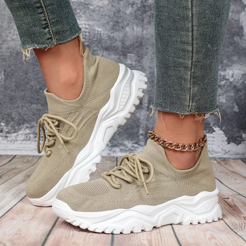 Modische Chunky-Plateau-Sneake – Knit Fabric Lace Up Sneakers Bewertung und Preis