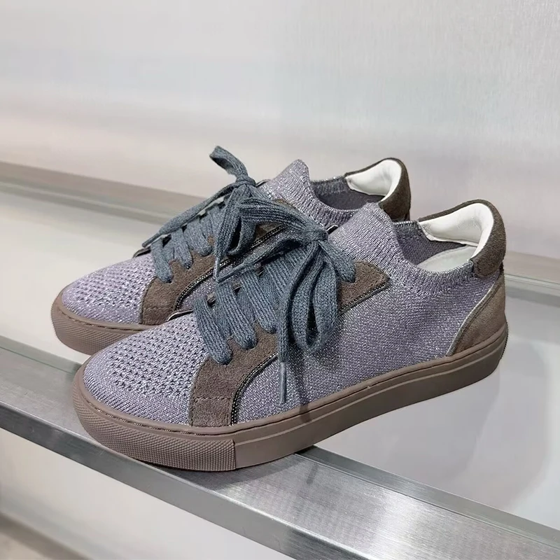 Frauen Stricken Atmungsaktive  – Knit Fabric Lace Up Sneakers Bewertung und Preis