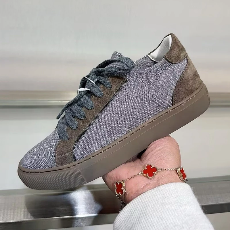 Frauen Stricken Atmungsaktive  – Knit Fabric Lace Up Sneakers Bewertung und Preis